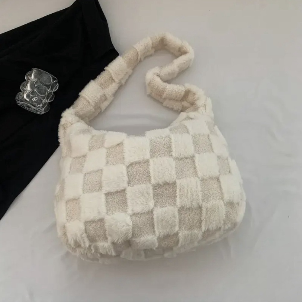 Checker Print Large Furry Plush Slouch Handbag